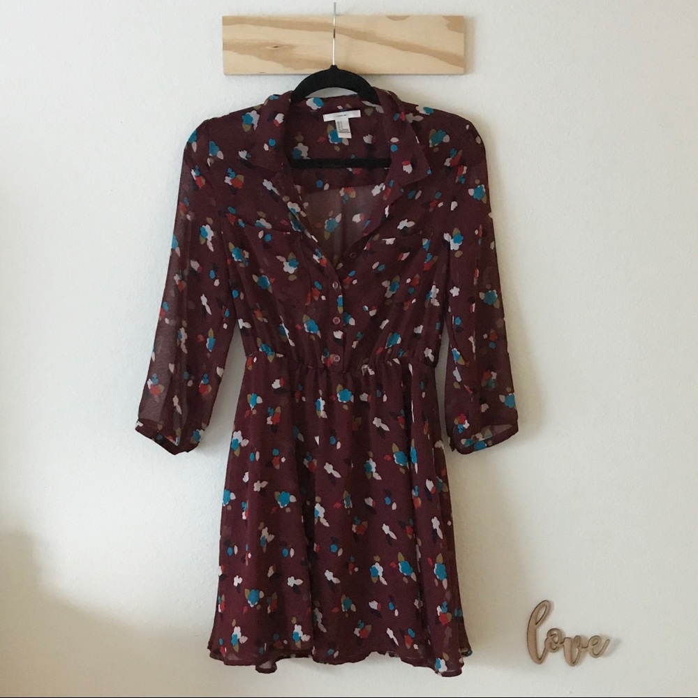 Forever 21 Maroon Semi Sheer Floral Mini Dress